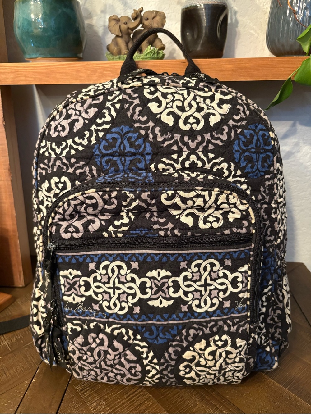 Vera Bradley Quilted Backpack Blue Black White Cotton Retired Pattern EUC